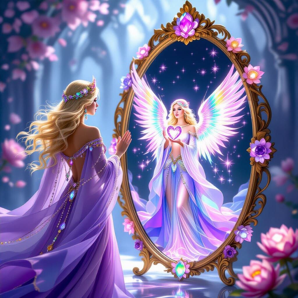 Woman Gazes into Mirror Reflecting Luminous Angel