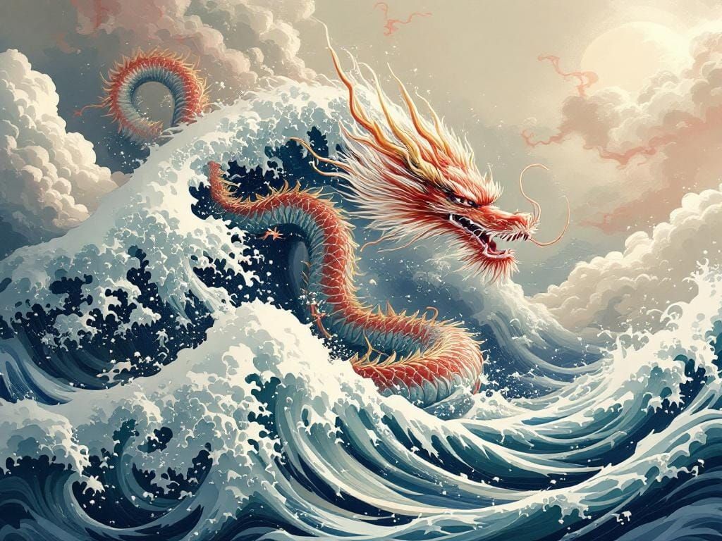 Chinese dragon through waves of kanagawa.