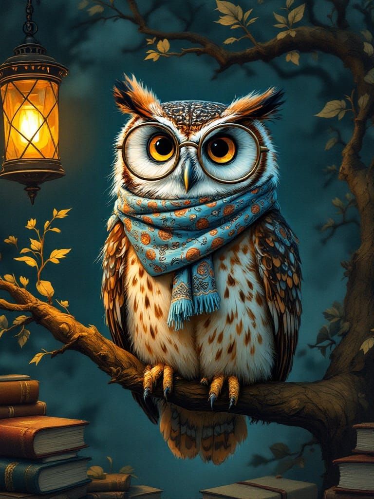 Sophisticated Owl Wears Intricate Silk Scarf in Whimsical St...