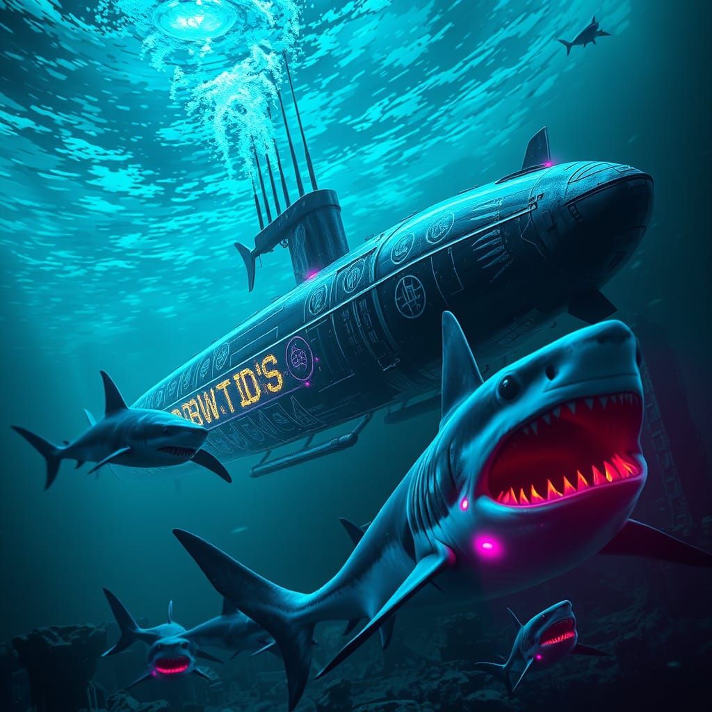 Bioluminescent U-Boat in Deep Abyss, Cinematic Composition