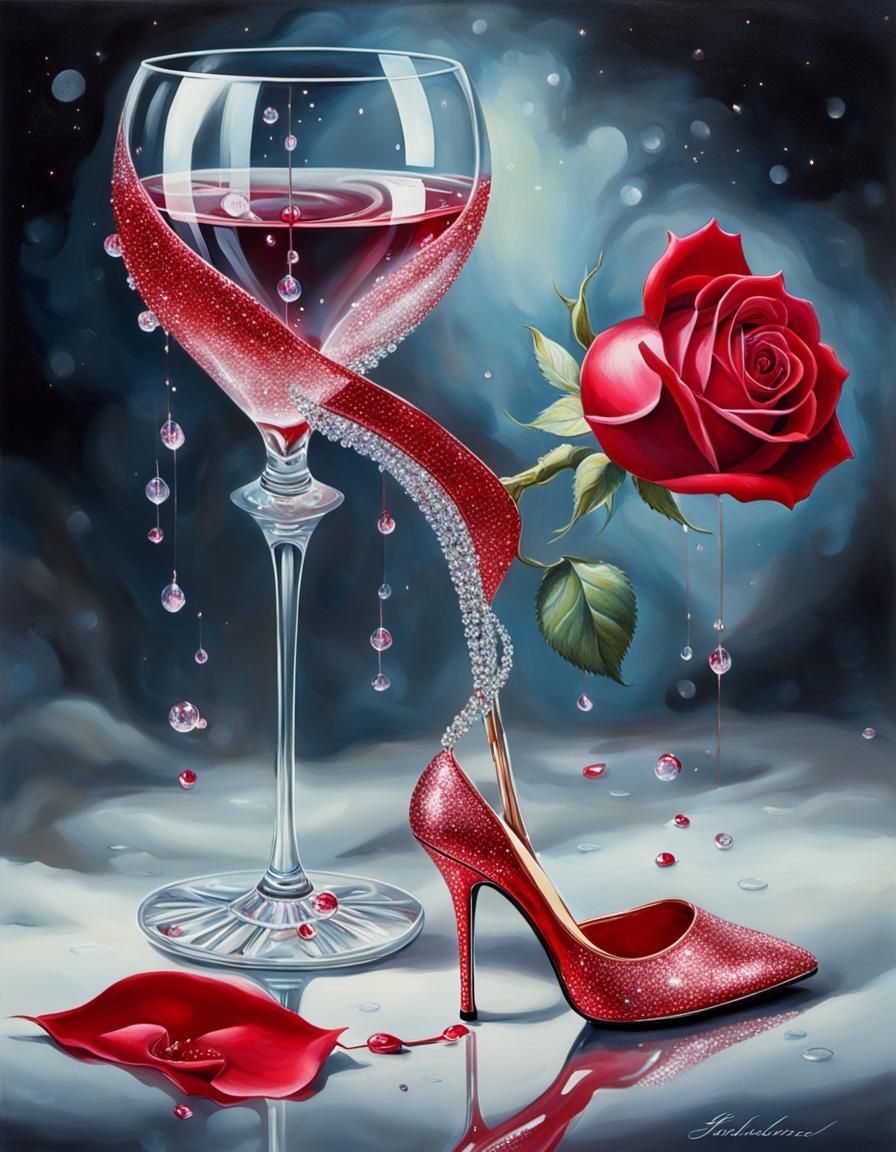 Rose and Glass Stilettos: A Romantic Painting