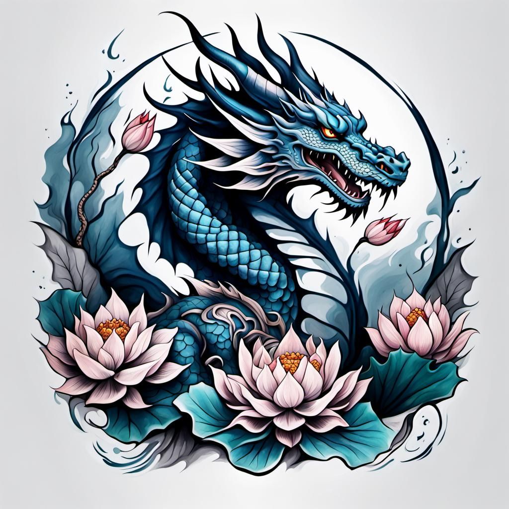 Dragon and Lotus Neotraditional Tattoo Design