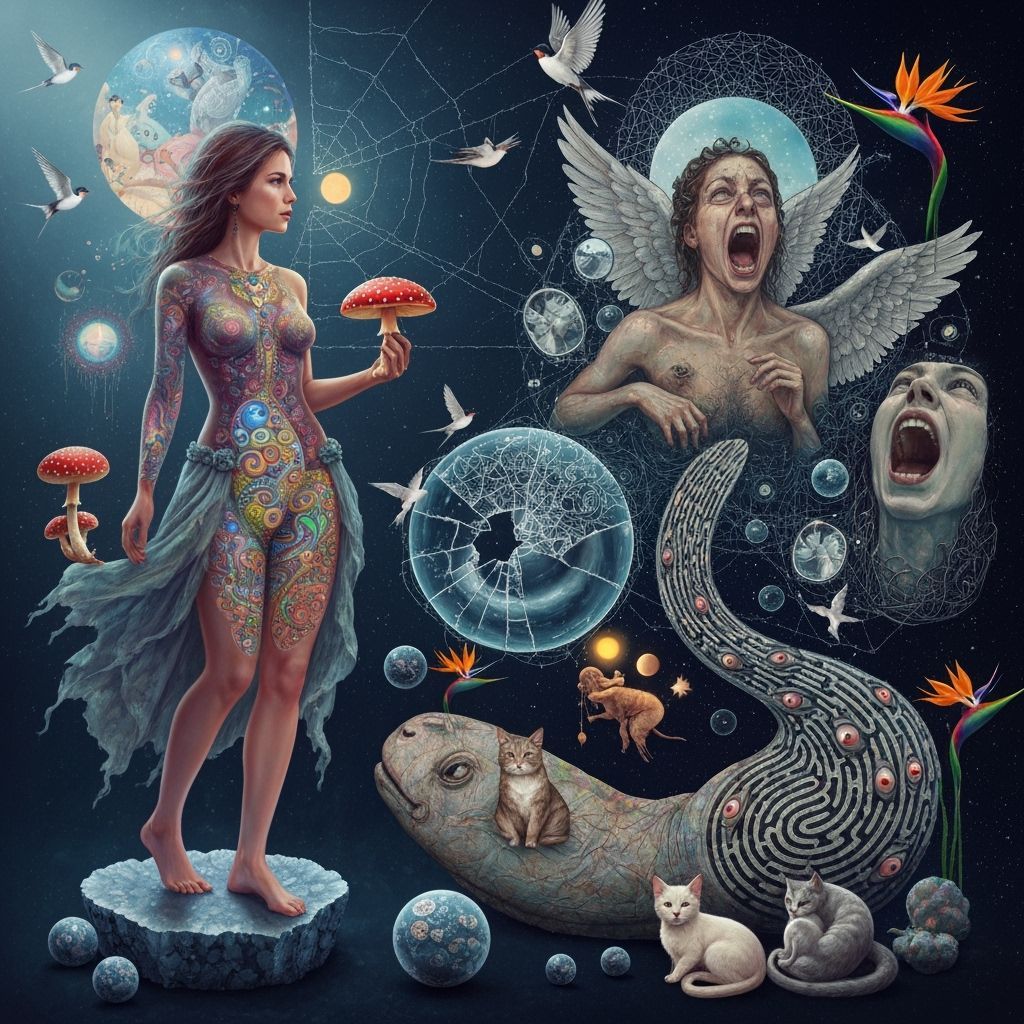 Mystical Woman on Geode Holding Luminous Mushroom