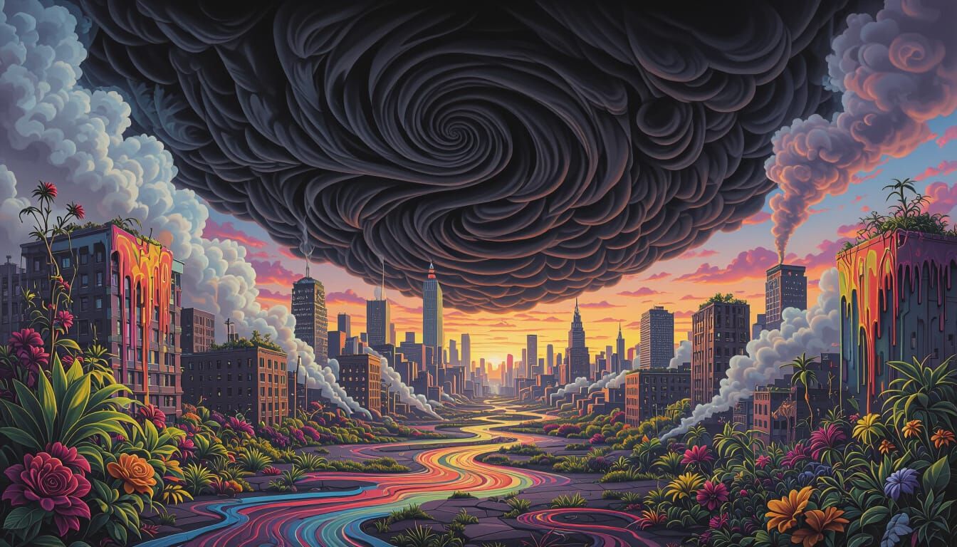 Hallucinogenic Cityscape with Swirling Clouds