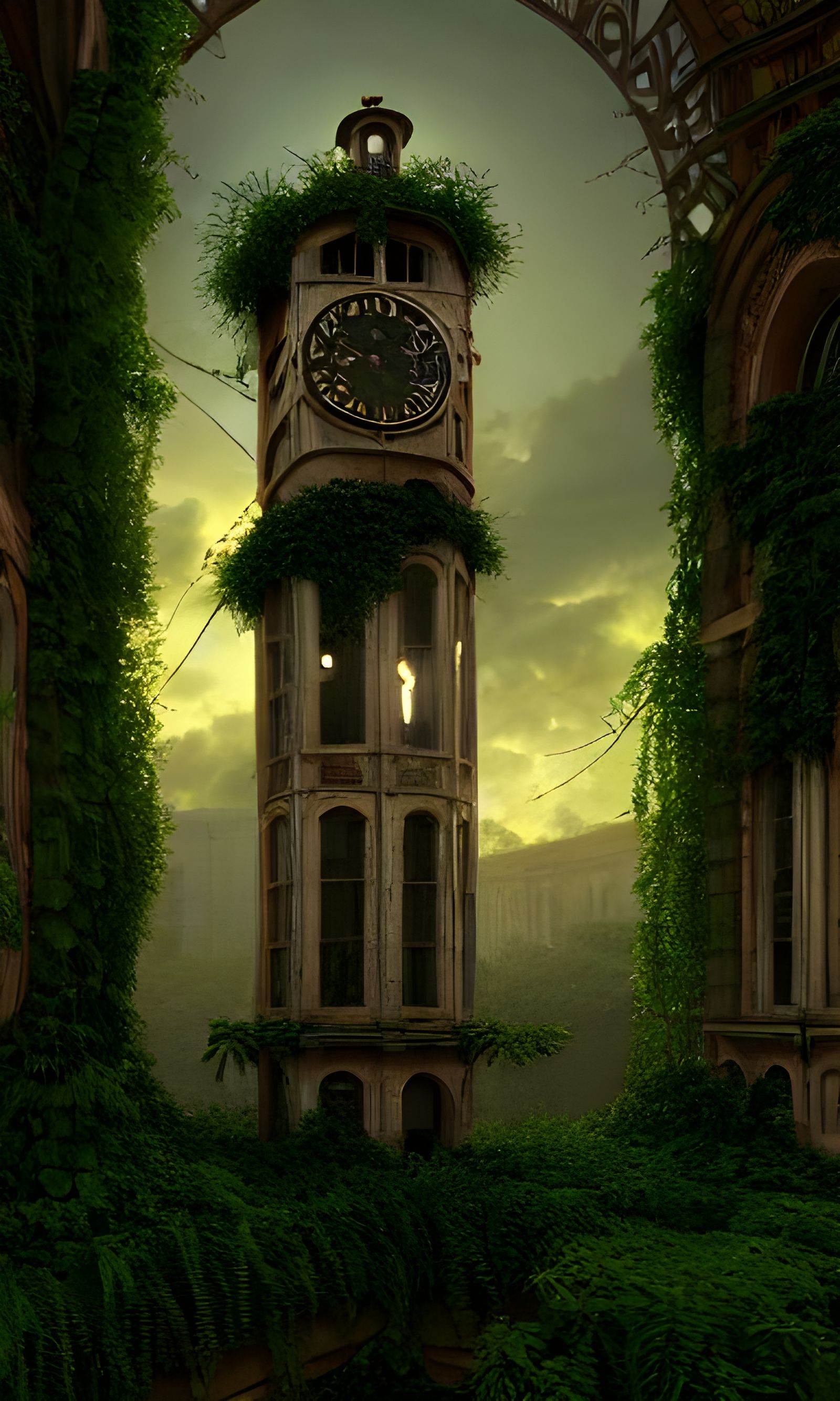 Vine-covered Clock Towers in Matte Painting Style
