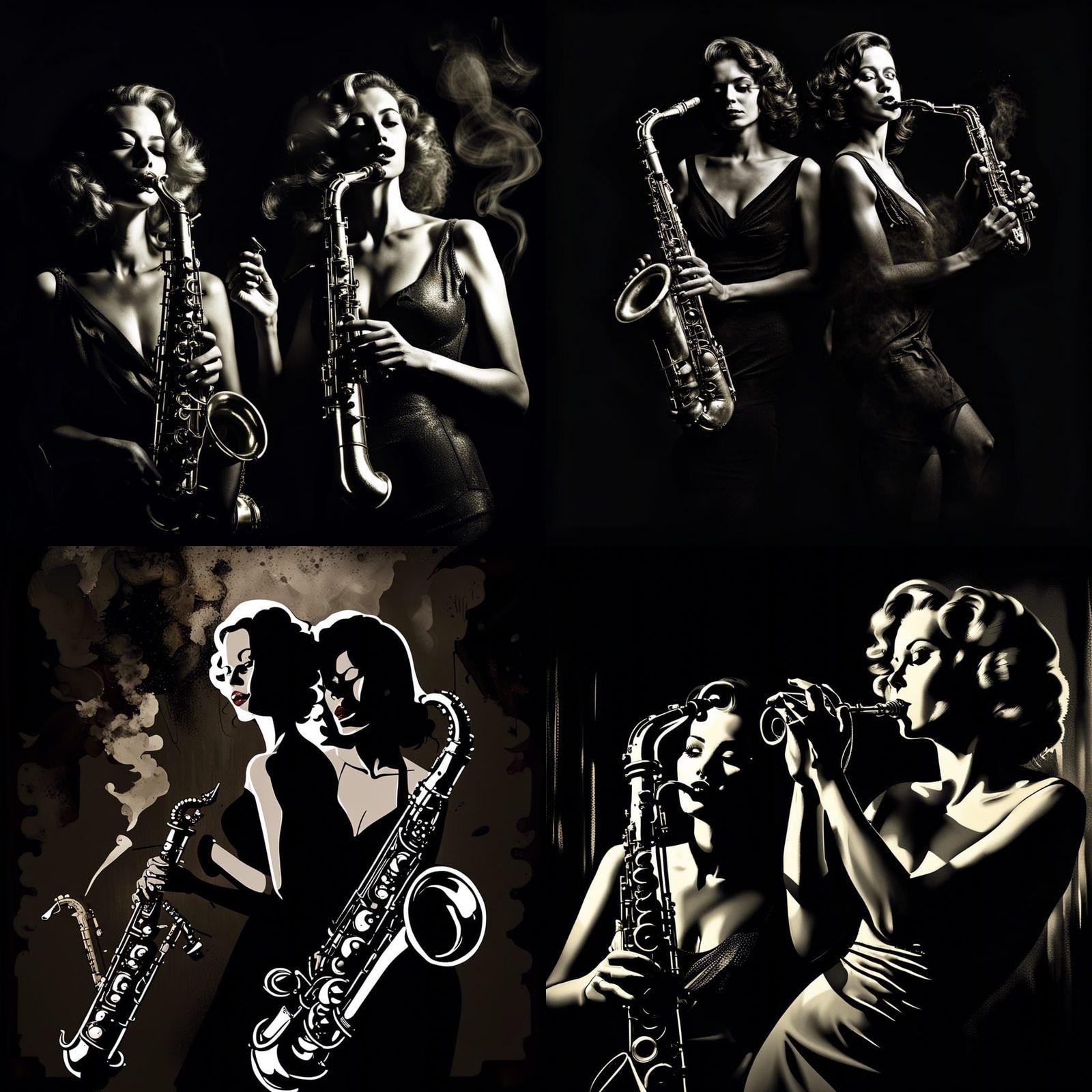 Women Playing Saxophones in Smoky Club: Film Noir Splash Art