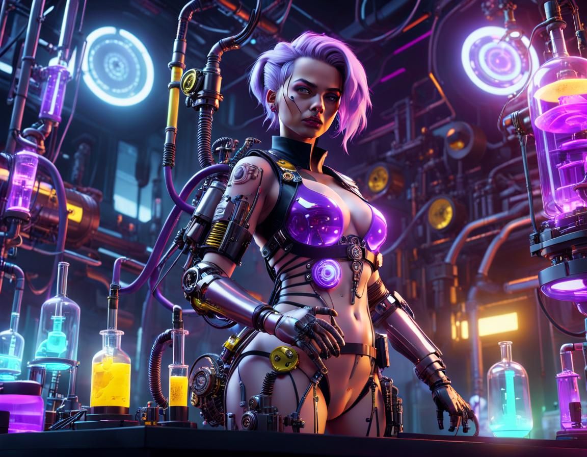 Cyberpunk Mad Scientist with Prosthetic Arm and Glowing Liqu...