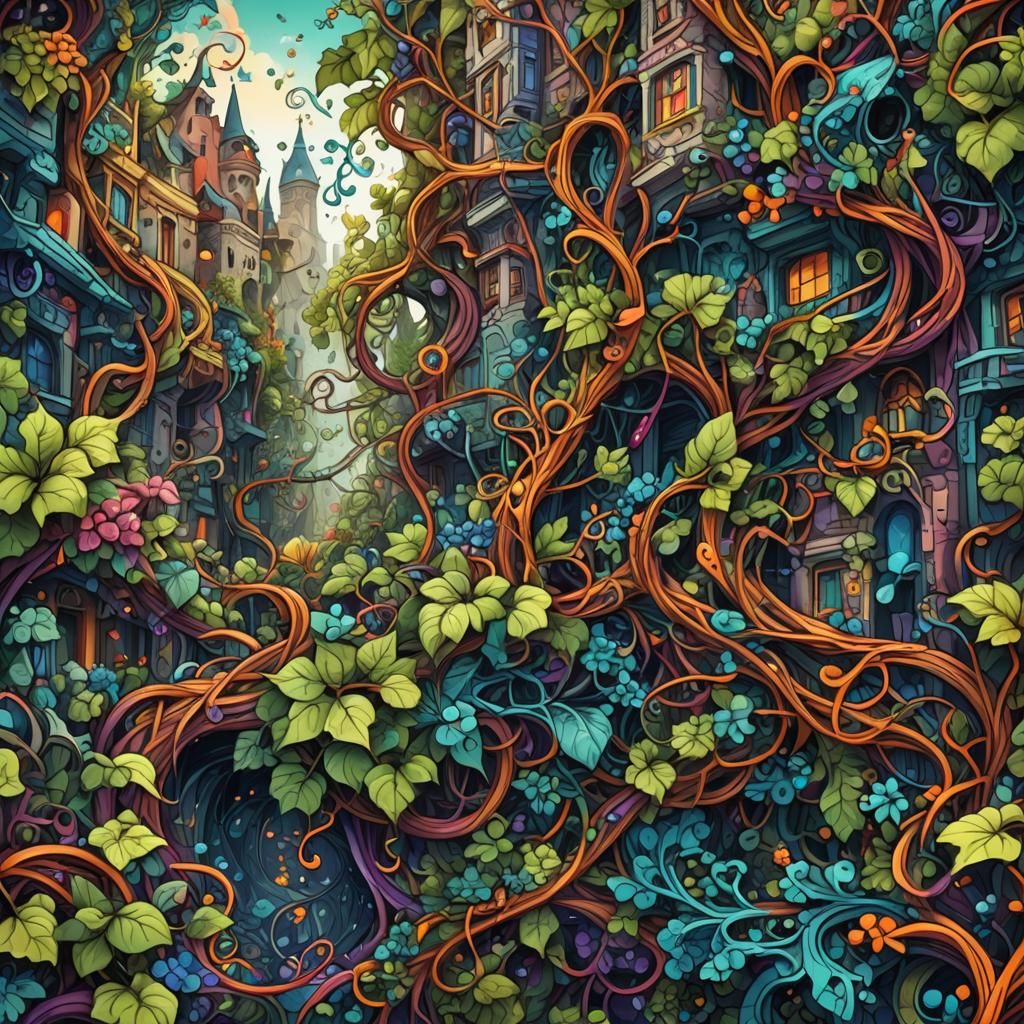 Bustling Cityscape Evolving from Tangled Vine Doodle Art
