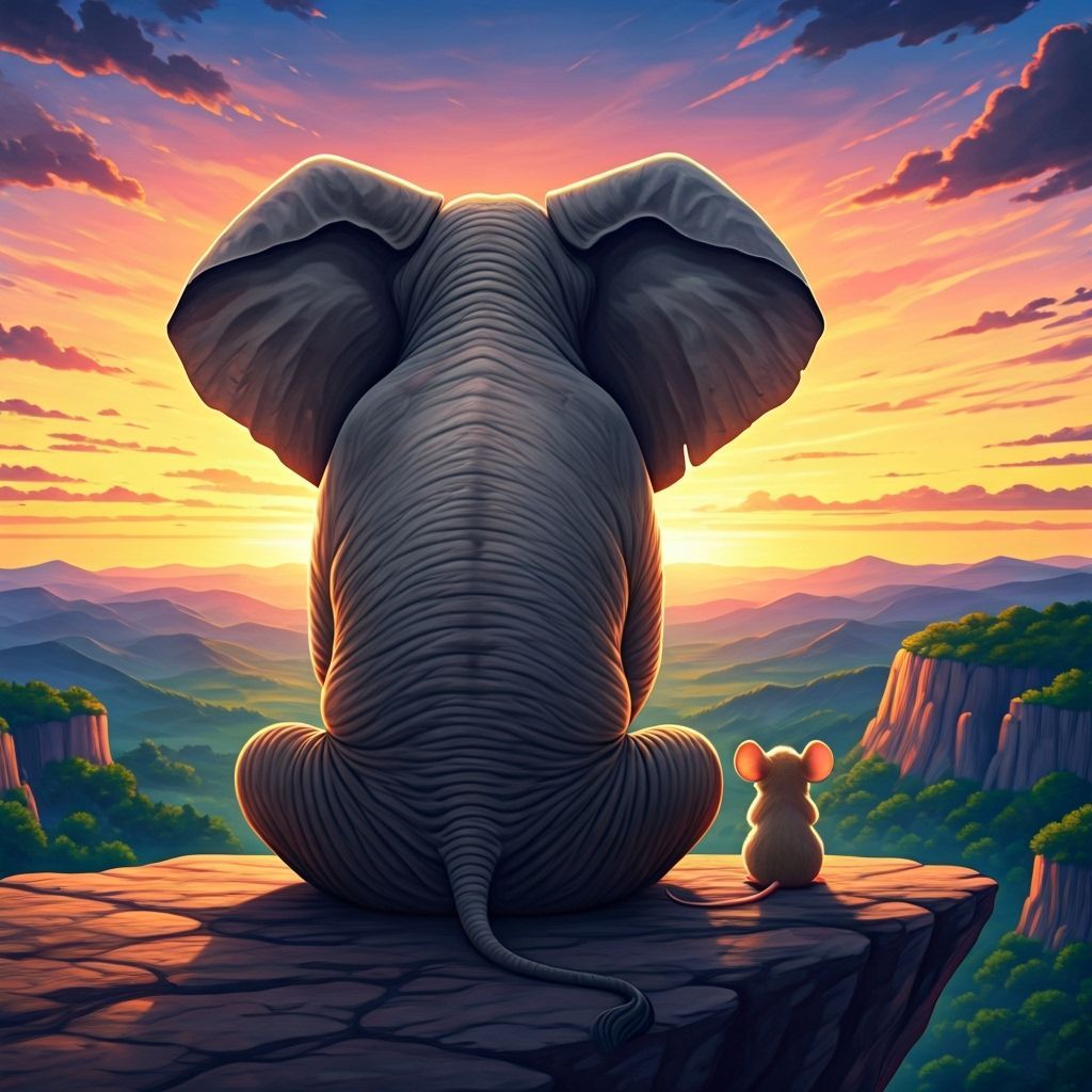 Elephant and Mouse Friendship at Sunset in Anime Style