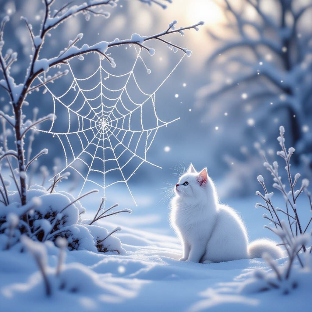 Ethereal Winter Scene: Snowfall, Frosty Spiderweb, and Curio...
