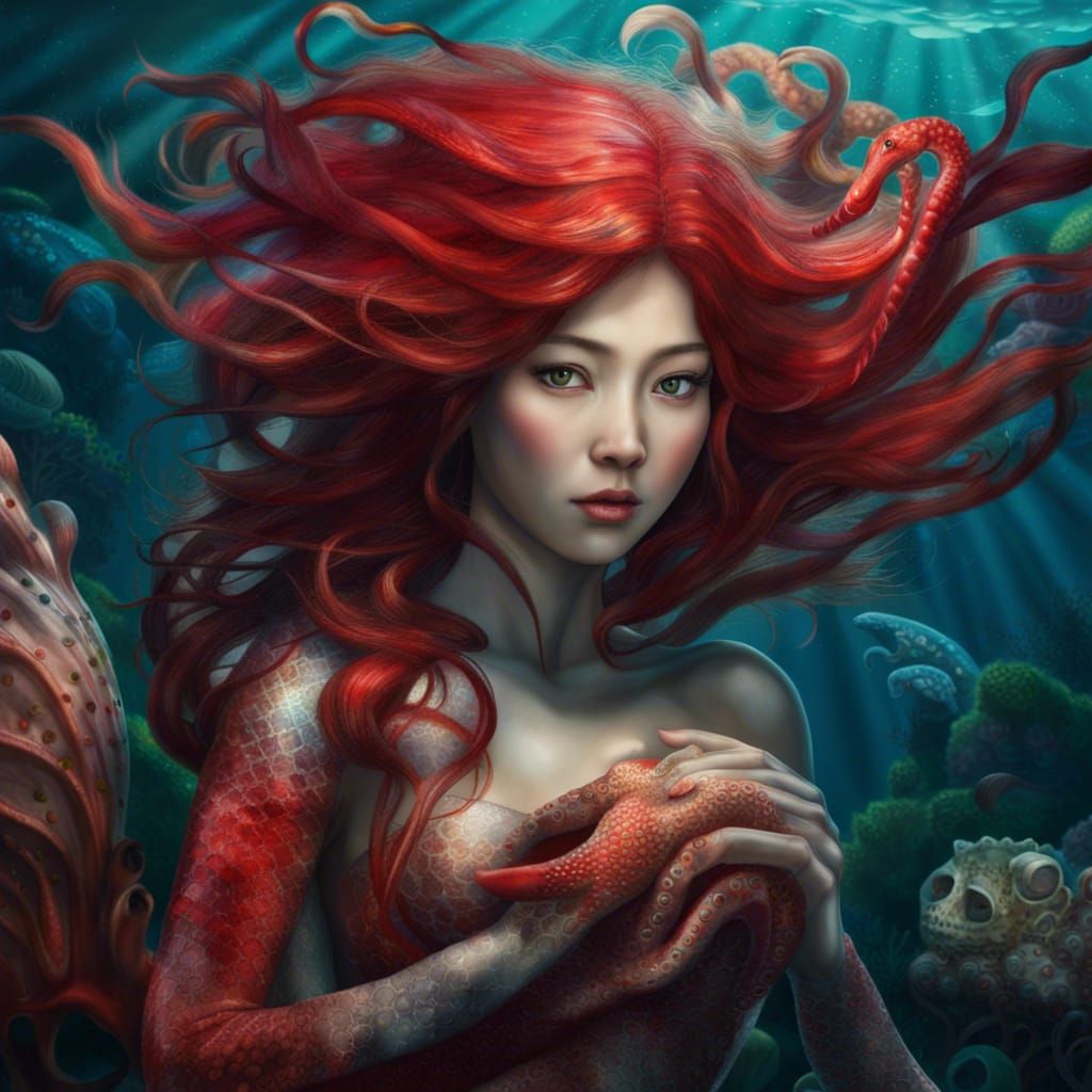 Hyperreal Japanese Mermaid in Underwater Wonderland