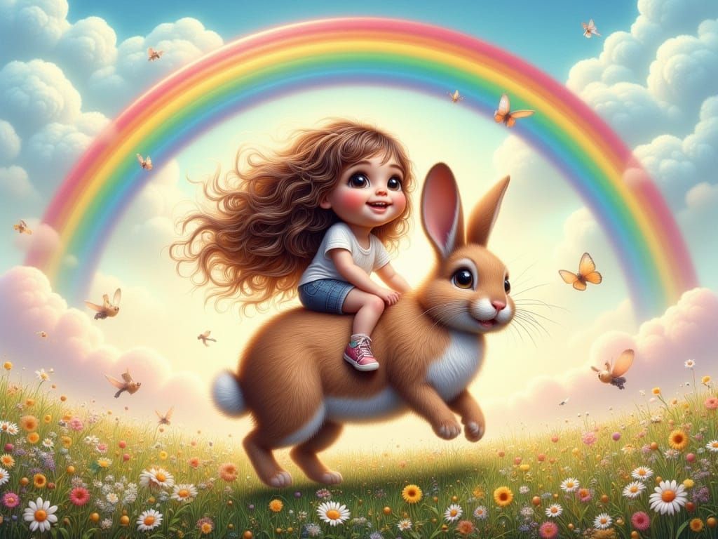 Toddler Girl Rides Giant Bunny Through Rainbow Field