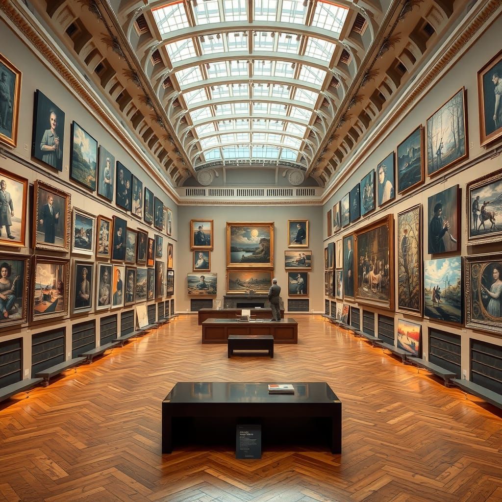 a wall art exposition with many individual masterpieces, oil on canvas, fusin, painting with a variety of themes but ass...