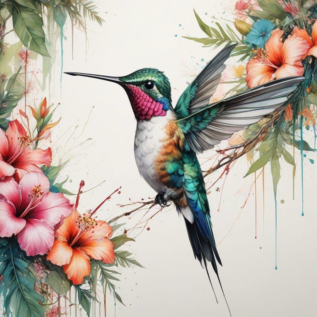 Surreal Watercolor Hummingbird in Vibrant Tropical Paradise