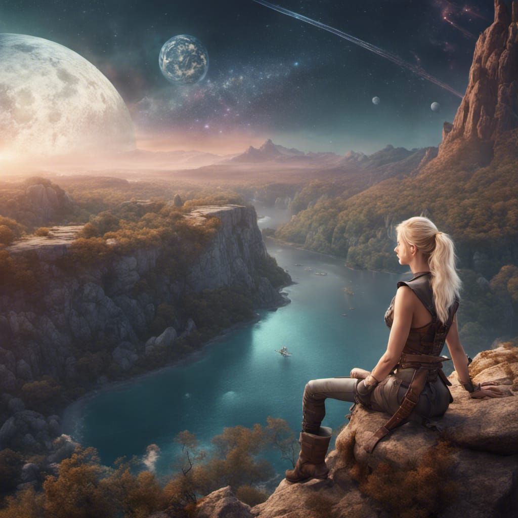 Fantasy Archeologist Overlooking Cosmic Lake