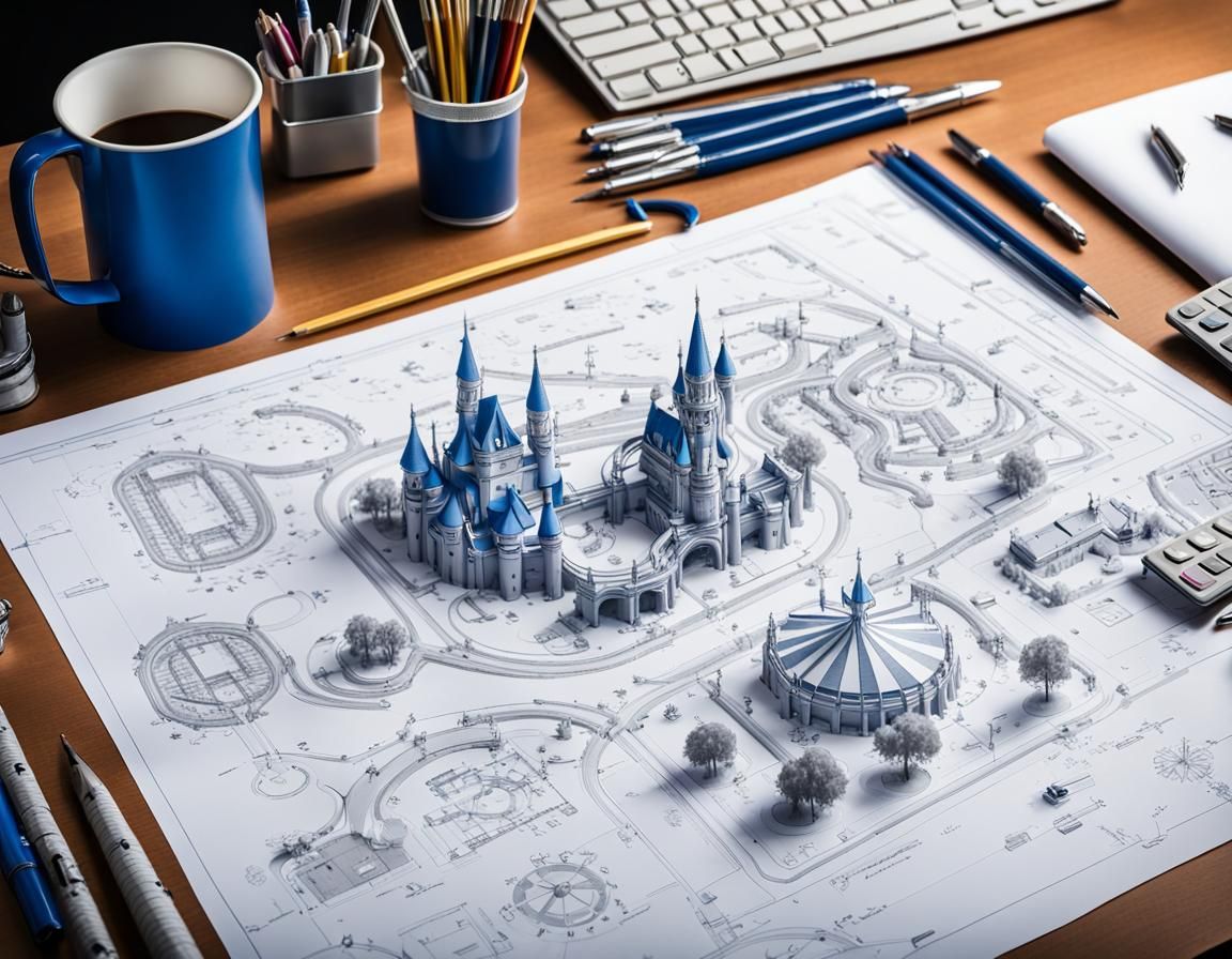 Detailed Blueprint of a Theme Park on Paper