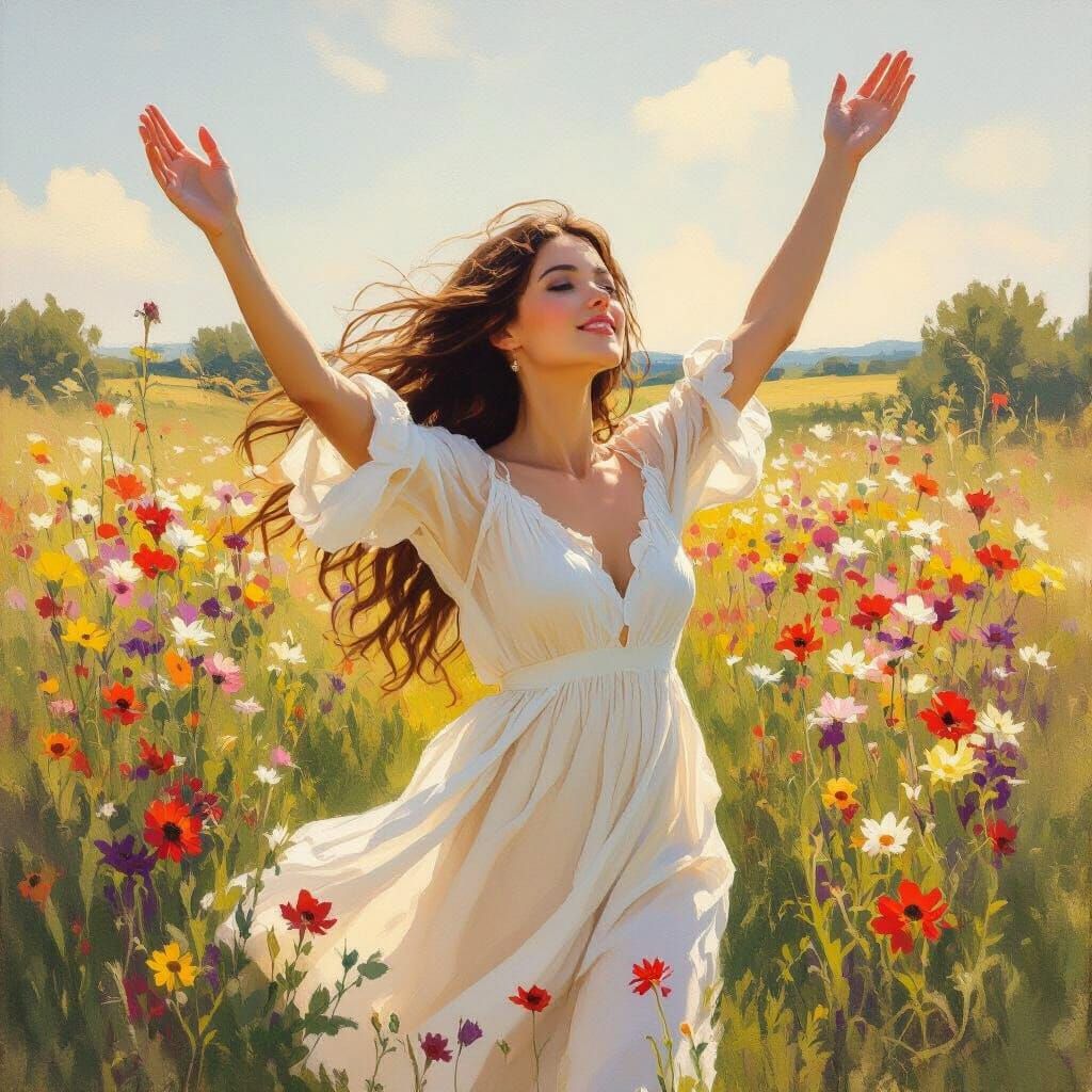 Woman in Wildflowers, Impressionistic Style