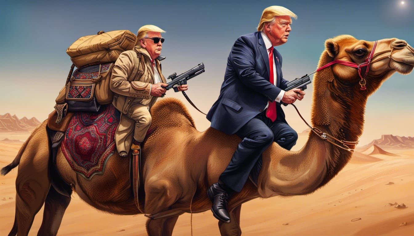 Donald Trump with a gun riding a camel