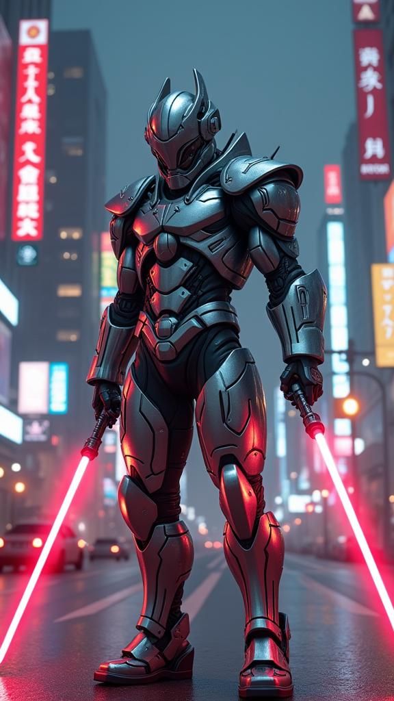 Agumon in Cyborg Armor with Lightsabers, Sci-Fi Art