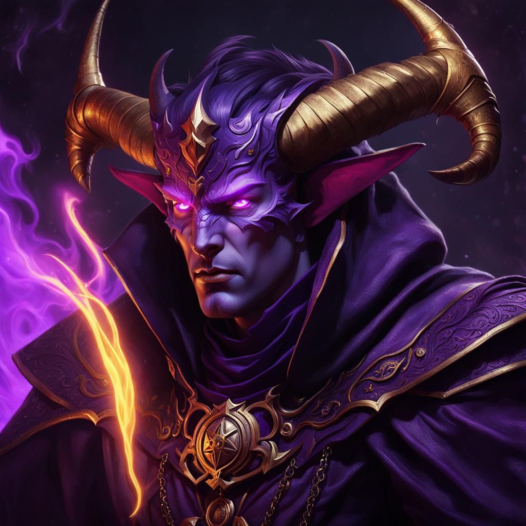 Tiefling Warlock with Dark Purple Power in Art Nouveau Style