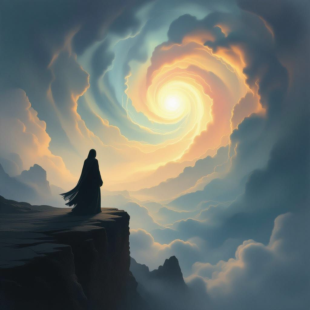 Figure at Precipice of Creation in Ethereal Light