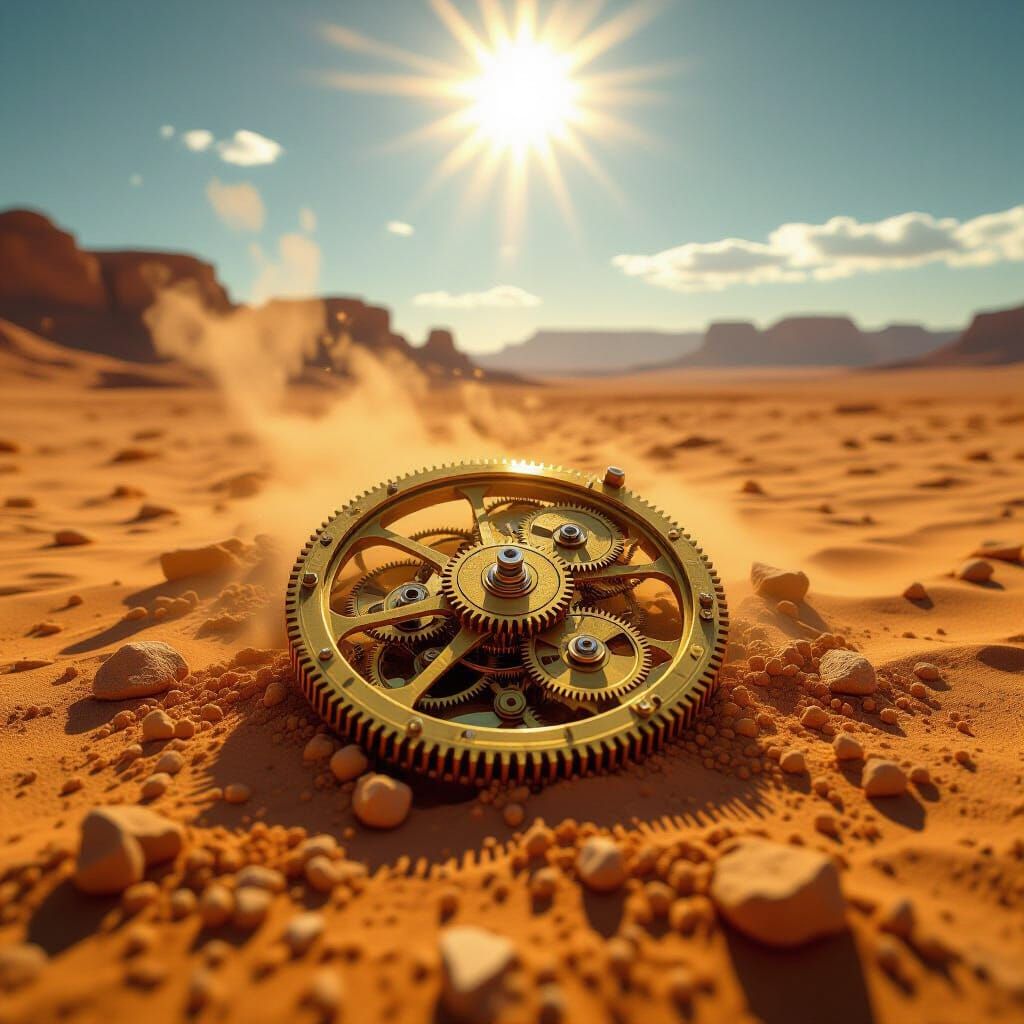 Shattered Clockwork in Arid Desert Landscape