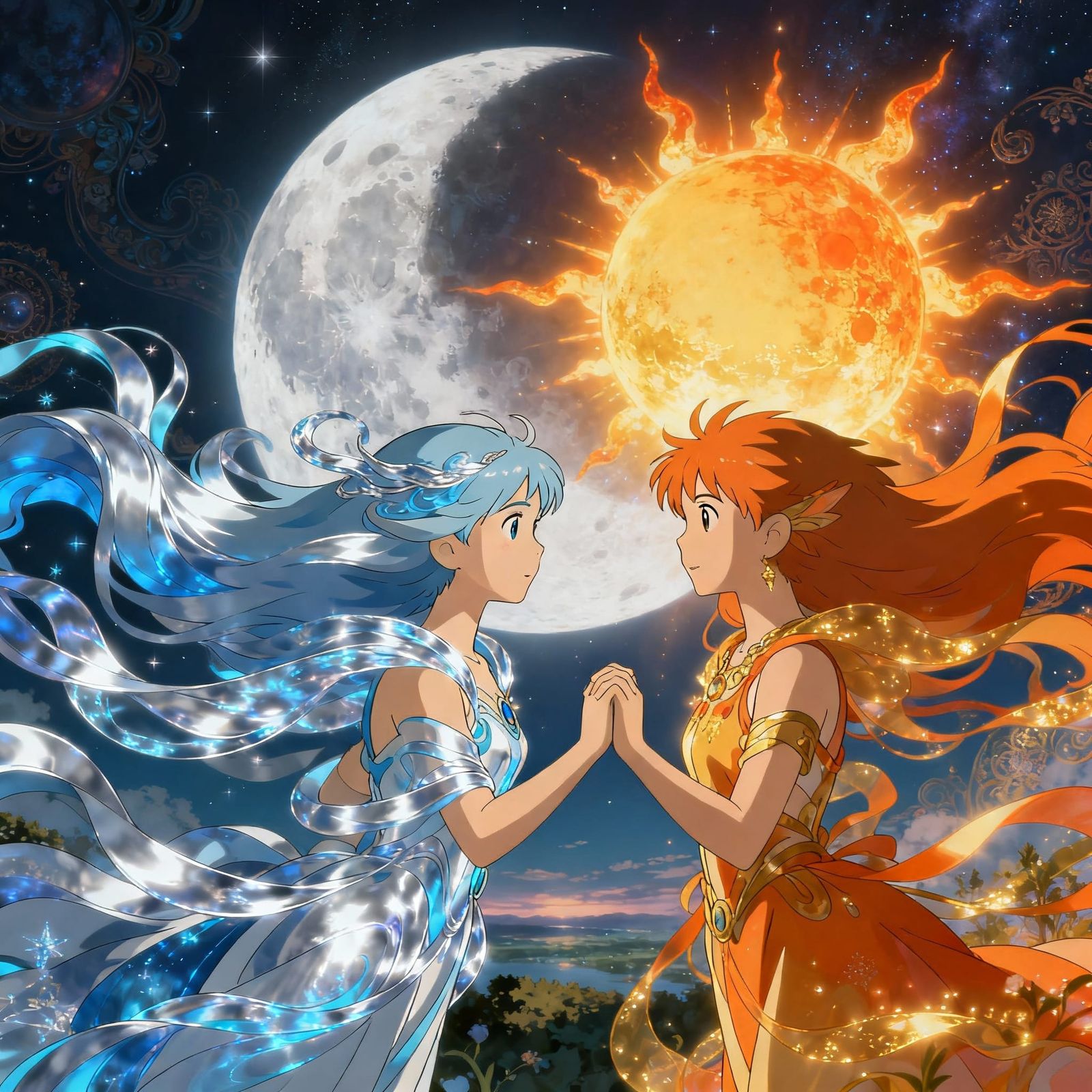 Moon Spirit Meets Sun Spirit in Anime Style