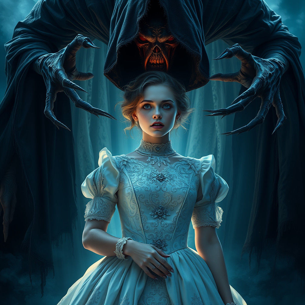 Terrified Woman and Dementor Ghoul in Fantasy Art Style