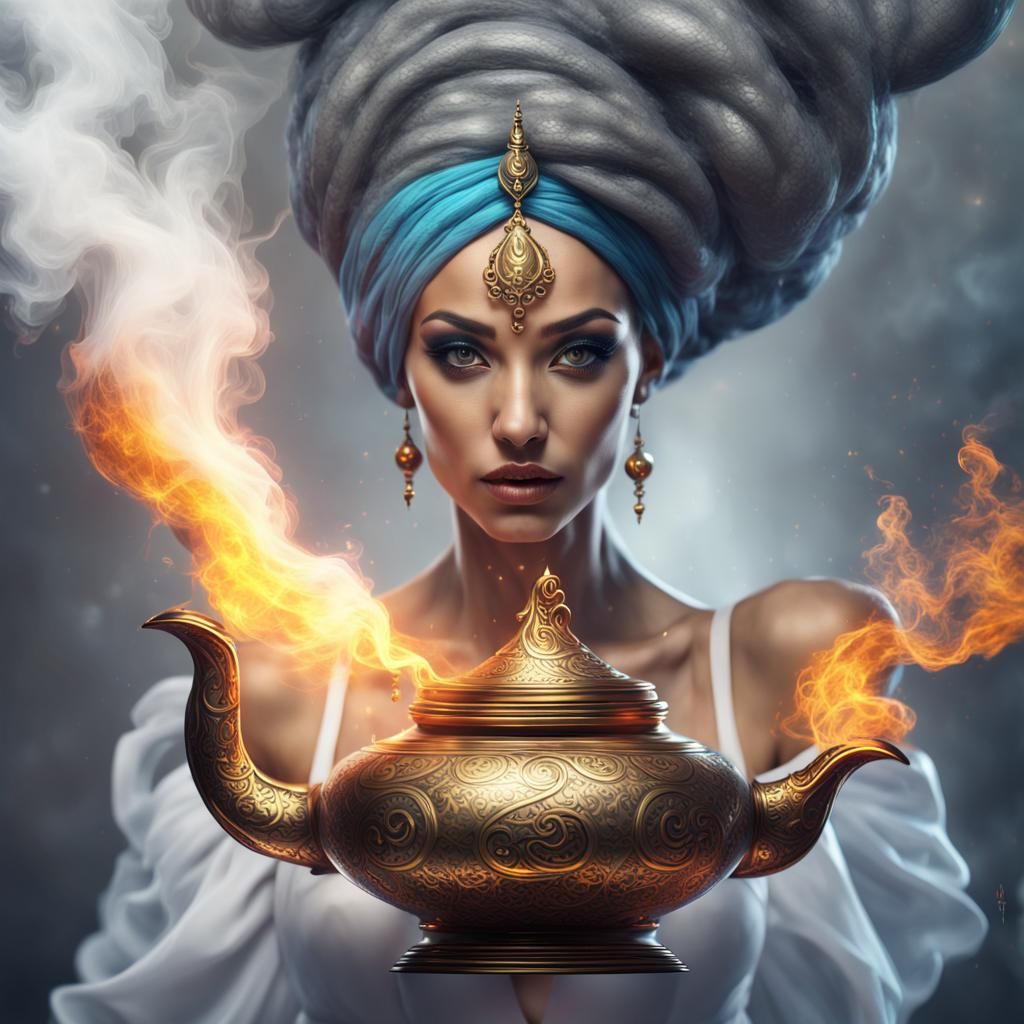 Genie Emerges from Magic Lamp in Surreal Digital Art