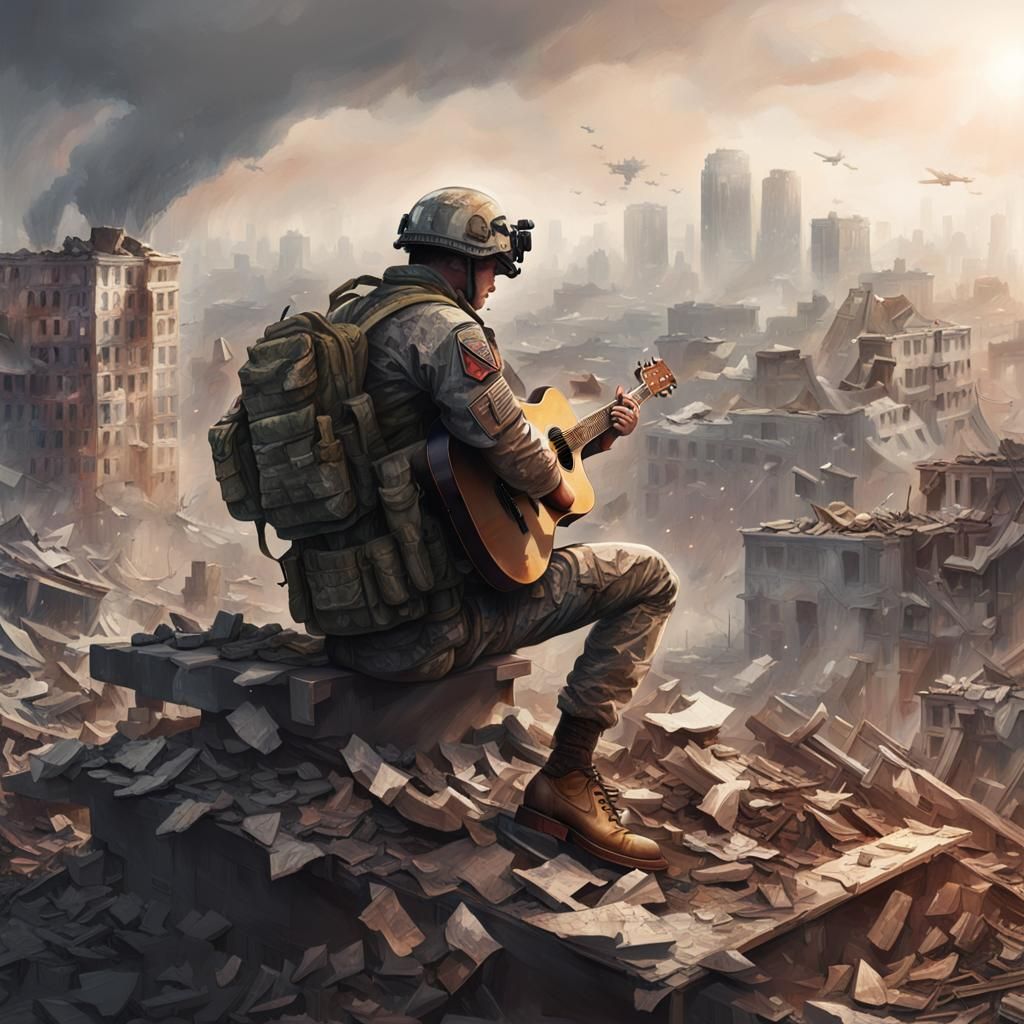 US Soldier Plays Guitar in Destroyed City