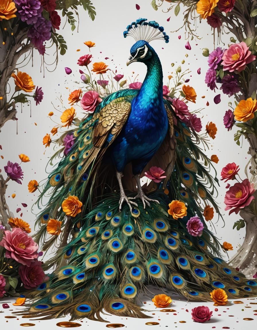 Peacock with Flowers in Alcohol Splash Art