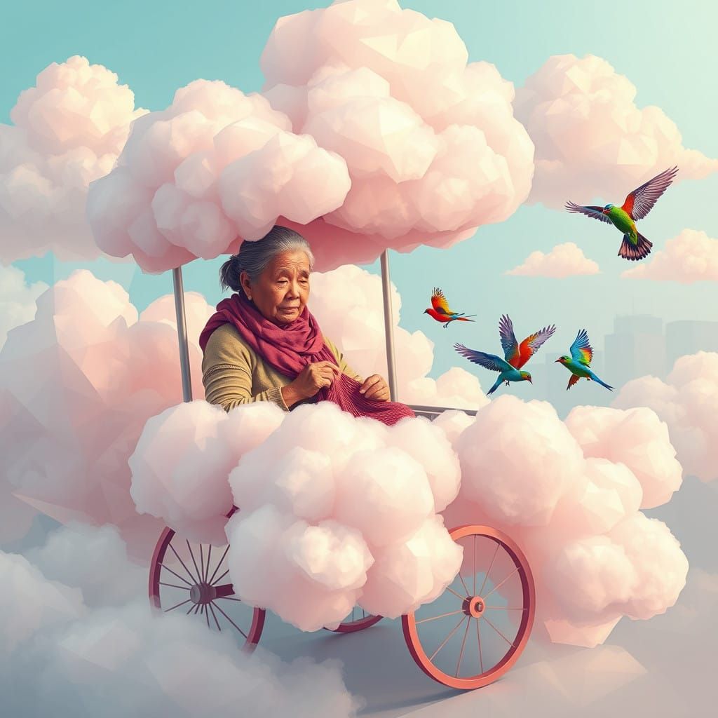 Dreamlike Cubist Scene of Whimsical Clouds and Knitting Elde...
