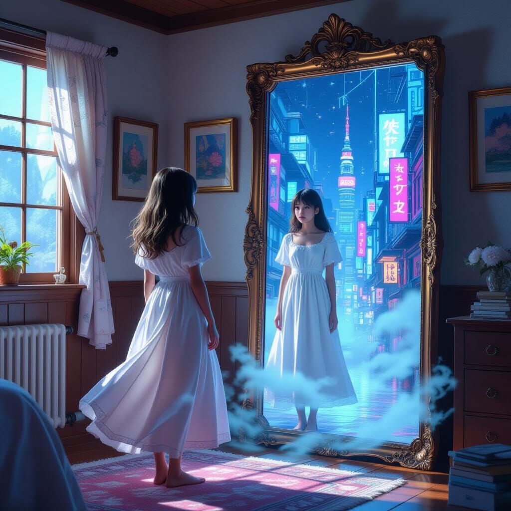 Teen Between Cottagecore and Cyberpunk Japan