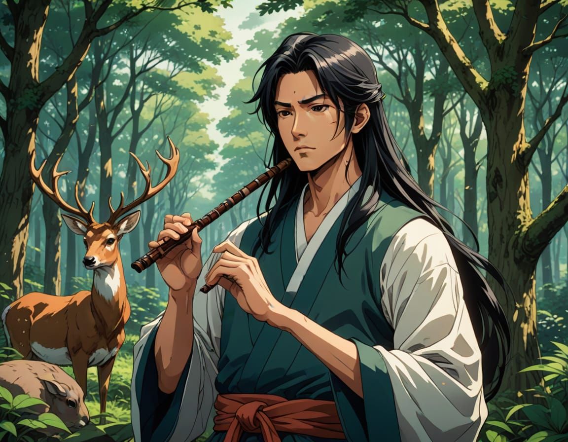 Young Man Playing Whistle in Forest, Cel-Shaded Anime Art