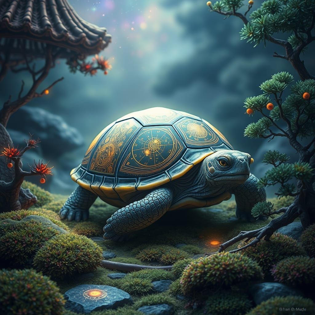 Celestial Turtle in Zen Garden: Psychedelic Digital Art