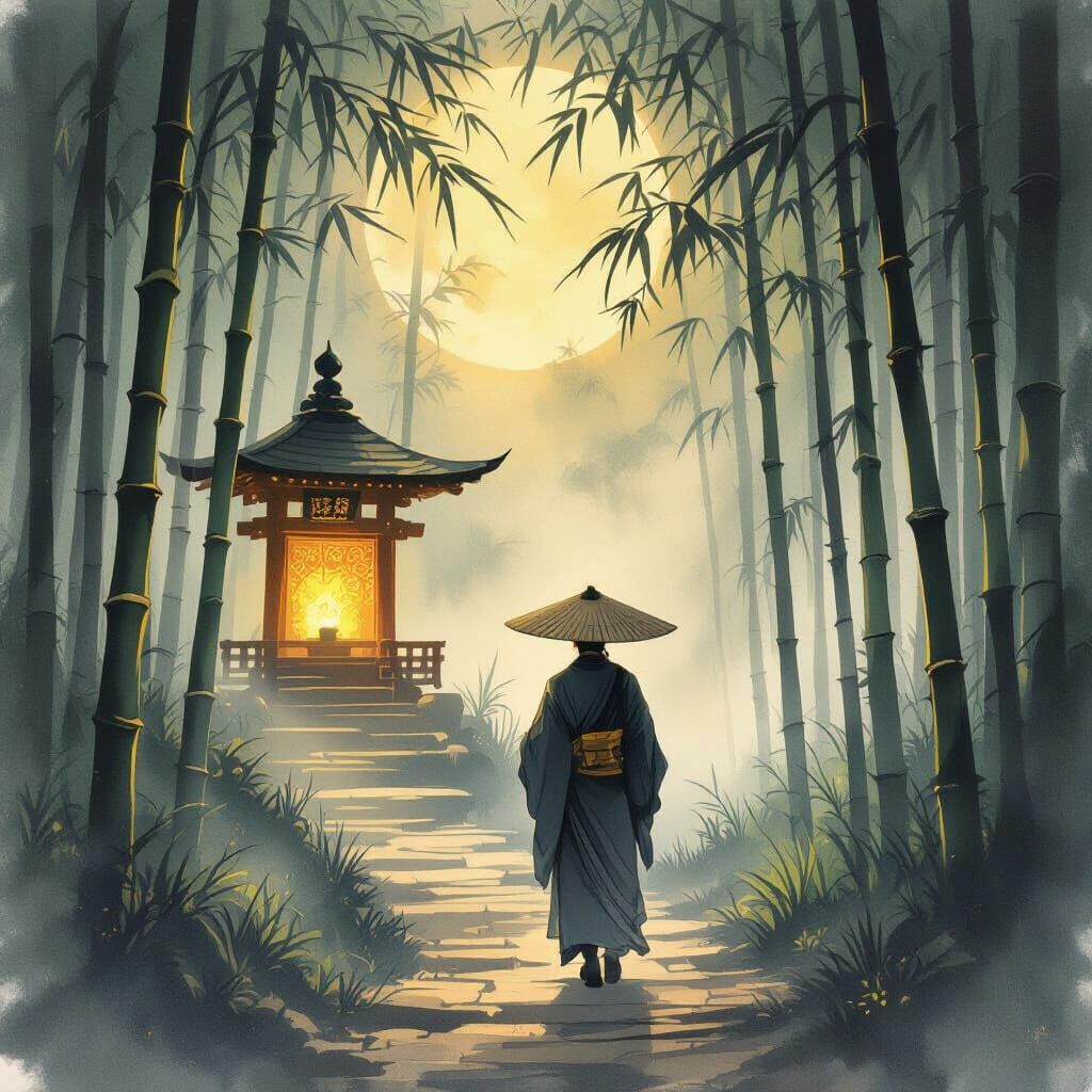 Scholar Approaches Glowing Shrine in Misty Bamboo Forest