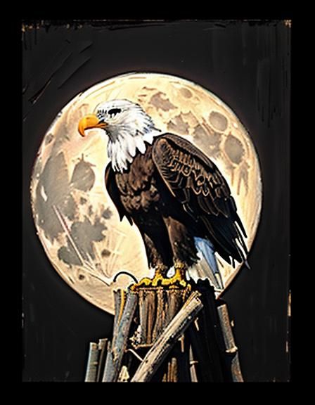 Bald Eagle Under Full Moon in Impasto Style