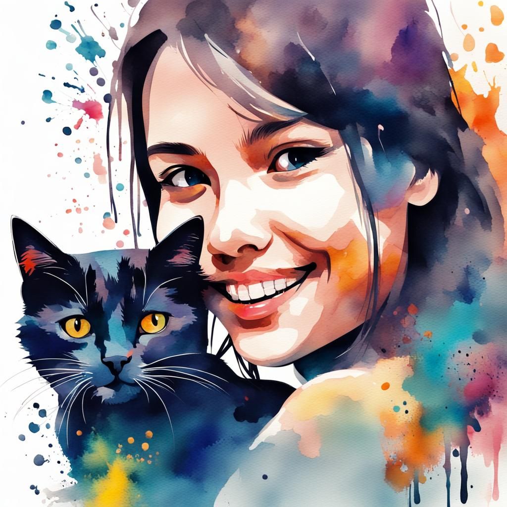 Girl Holding Cat in Watercolor Style
