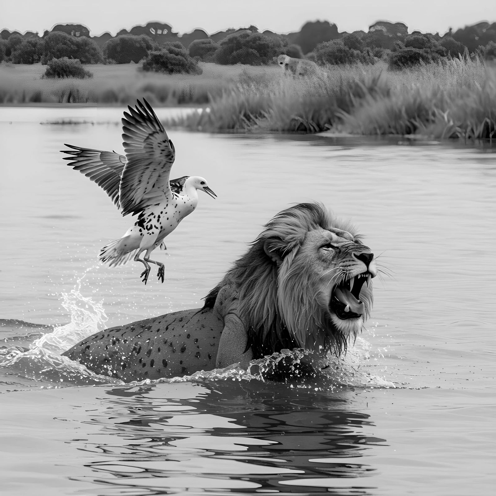 Angry Lion Emerges From Water, Missed Prey