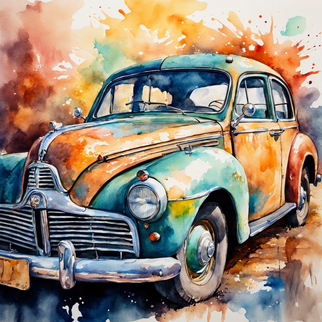 Detailed Old Car in Vibrant Watercolor