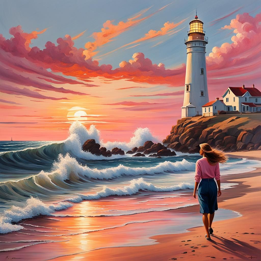 Seaside Stroll at Sunset: A Vibrant Coastal Painting
