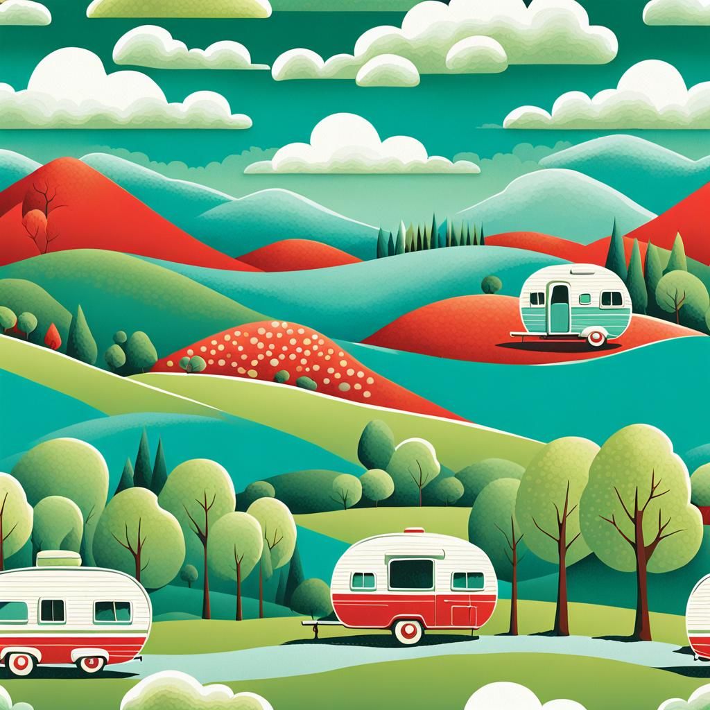 Whimsical Pastoral Landscape with Vintage Caravan