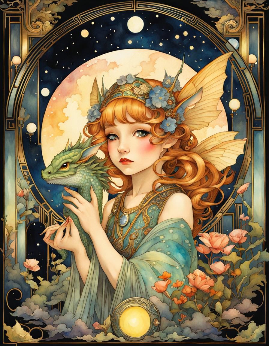 Art Deco Dragons in Watercolor Storybook Style