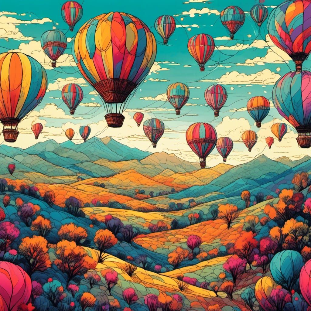 Radiant Hot Air Balloons in Dreamy Landscape