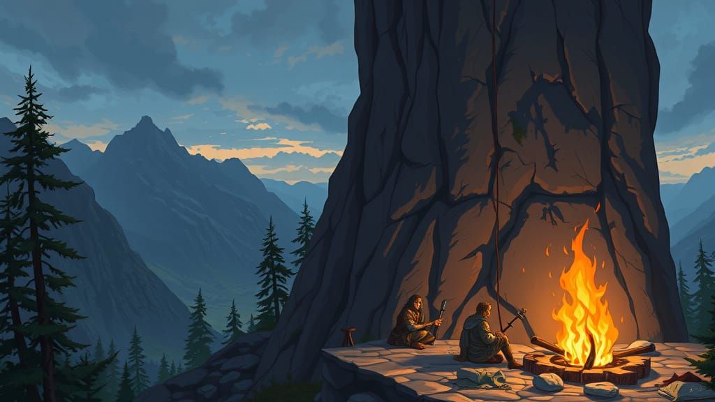 Half-Elf Druid Climbs Cliff: Anime Cel-Shaded Art