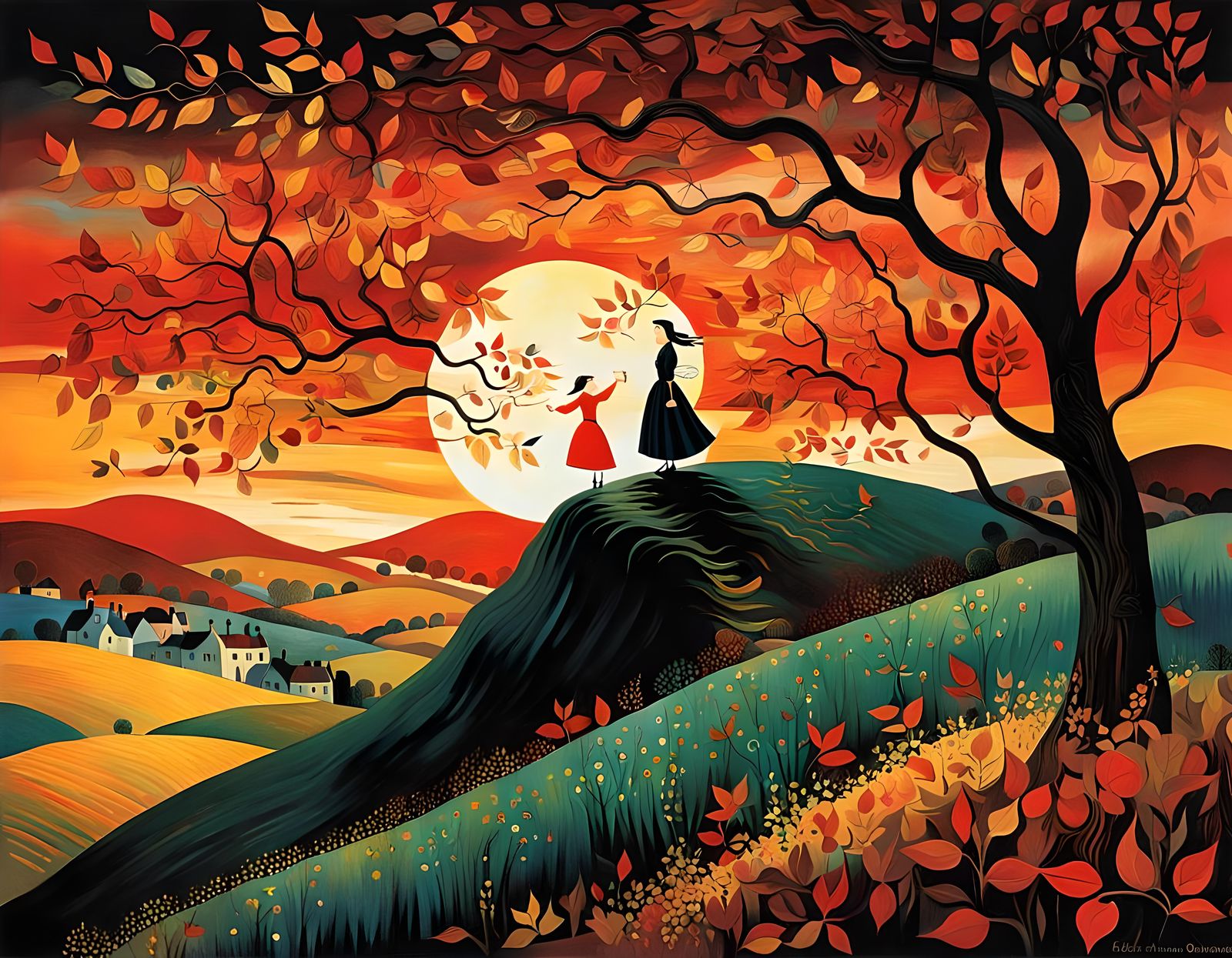 Girl on Hill at Sunset in Fantasy Oil Painting