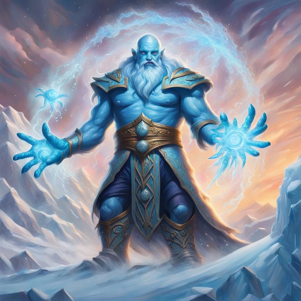 Ice Giant Wizard Card Art in Holographic Style