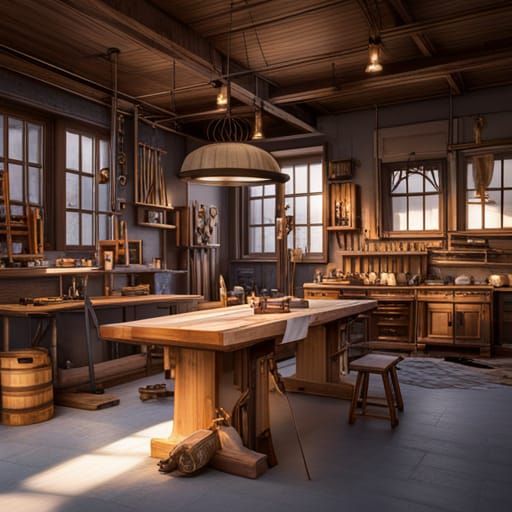 Hyperrealistic Woodworking Shop with Tools and Equipment