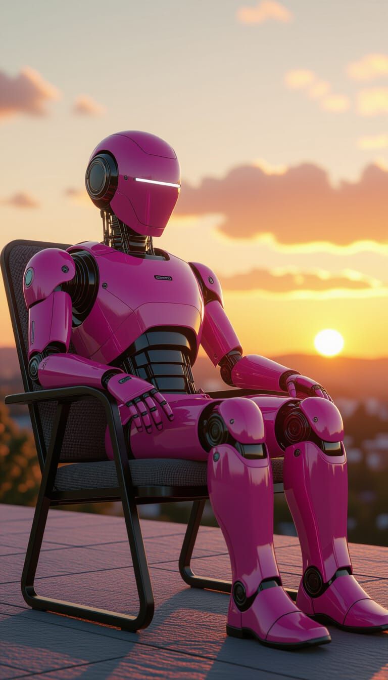 Pink Robot at Sunset in Detailed Digital Art