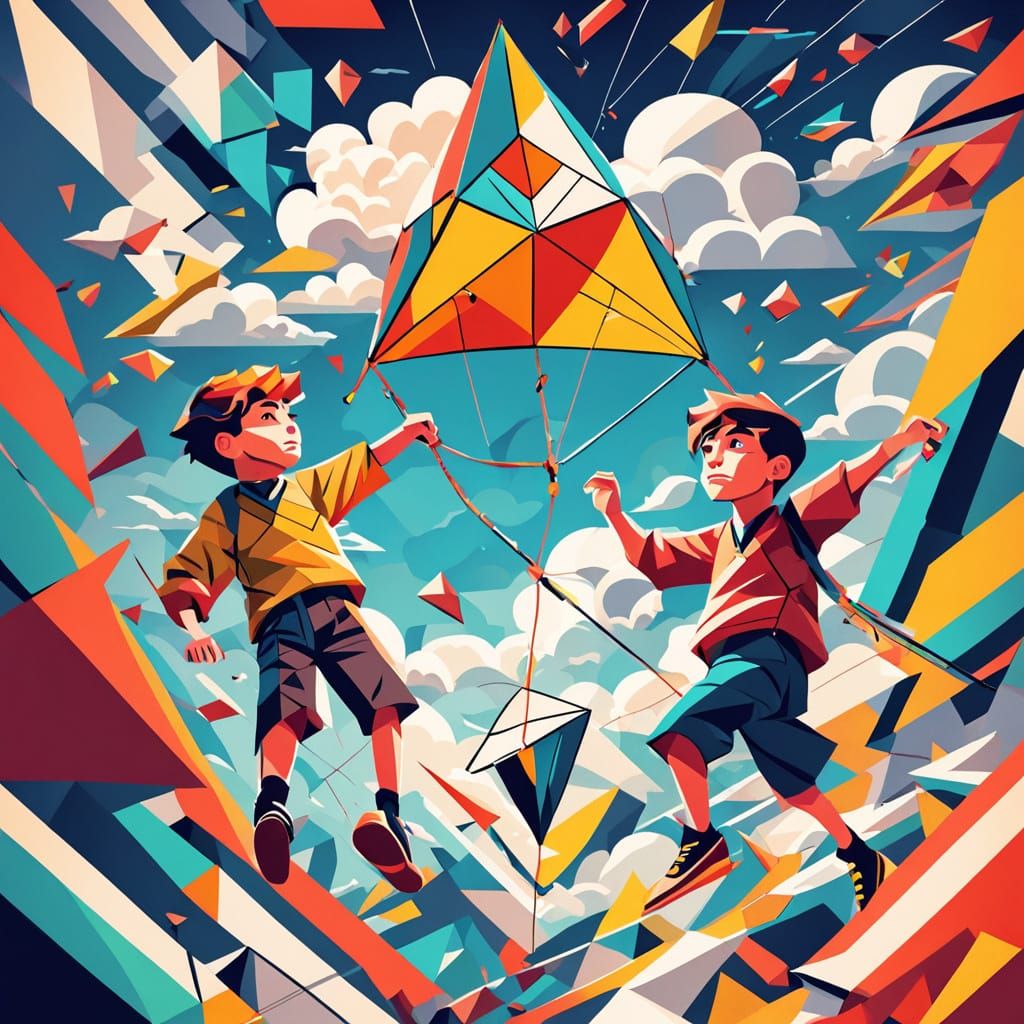 Cubist Kite Flight in Layered Geometric Style